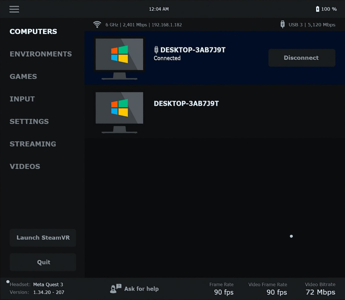 The Computers tab, showing available PCs and network status