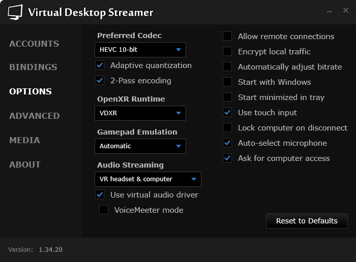 The Streamer’s options panel: video, audio, game, and system settings