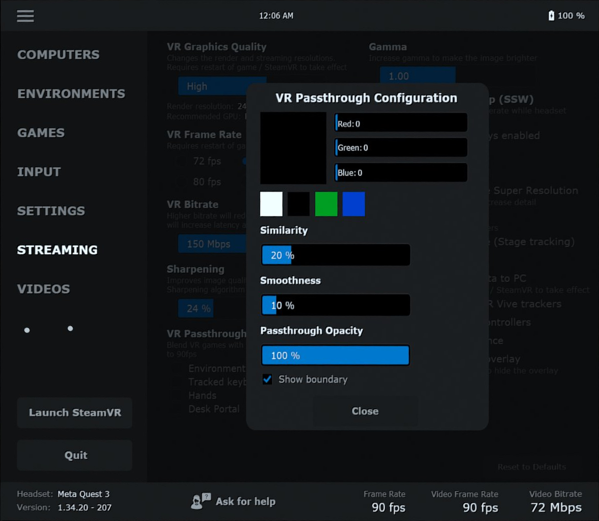 The passthrough chroma-key configuration panel